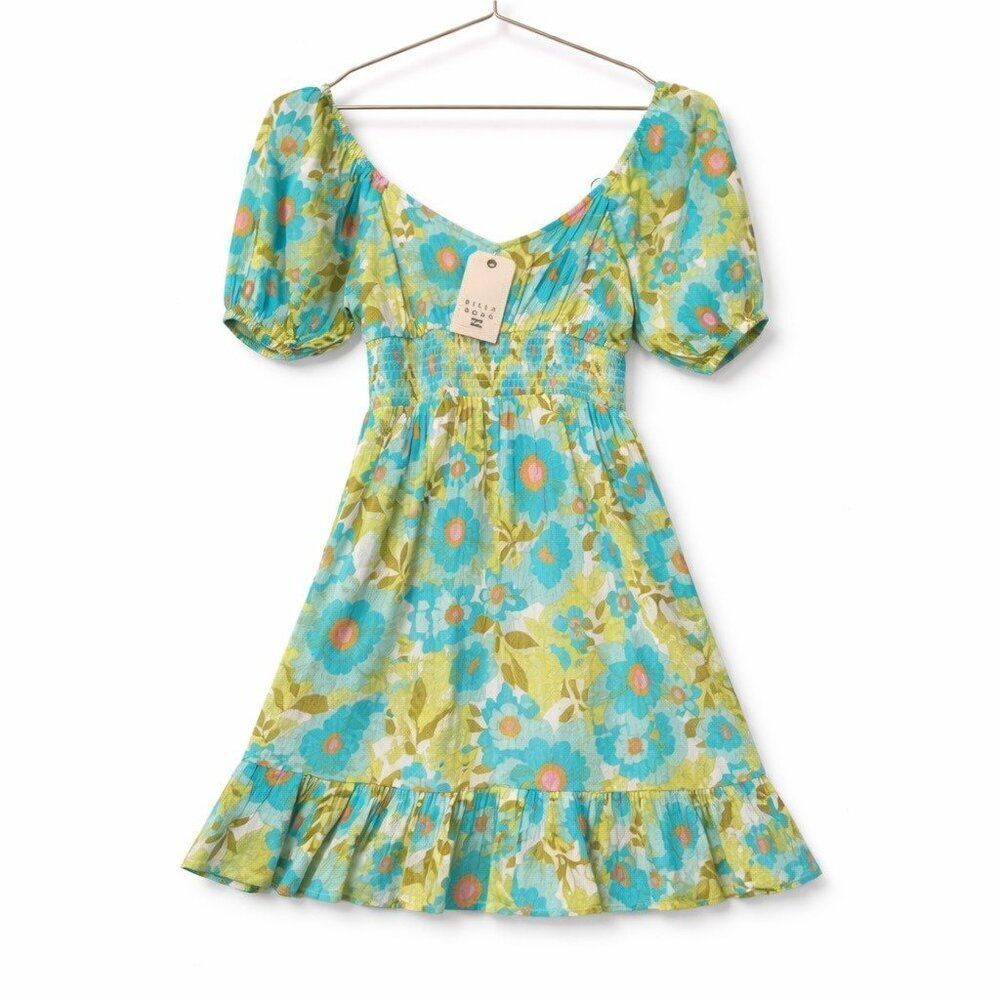 Billabong Floral Boho Mini Dress Smocked Puff Sleeve Blue Green S NWT